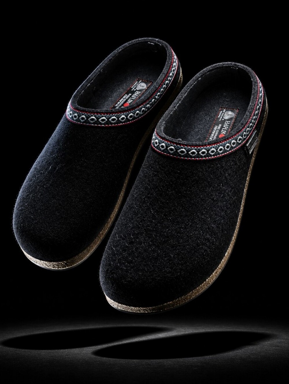 Haflinger Black Wool Slip-On Clogs with Decorative Trim